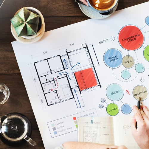 An overhead view of a floor plan layout of a home with areas shaded in certain colors to identify room function.