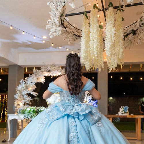 A young woman in a light blue ball gown, seen from behind, standing beneath hanging flowers and string lights indoors.